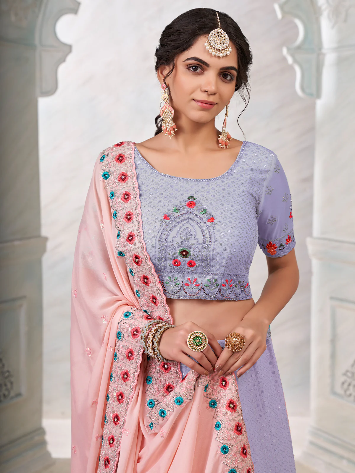 Odette Purple Georgette Embroidered Semi Stitched Lehenga With Unstitched Blouse for Women - Image 5