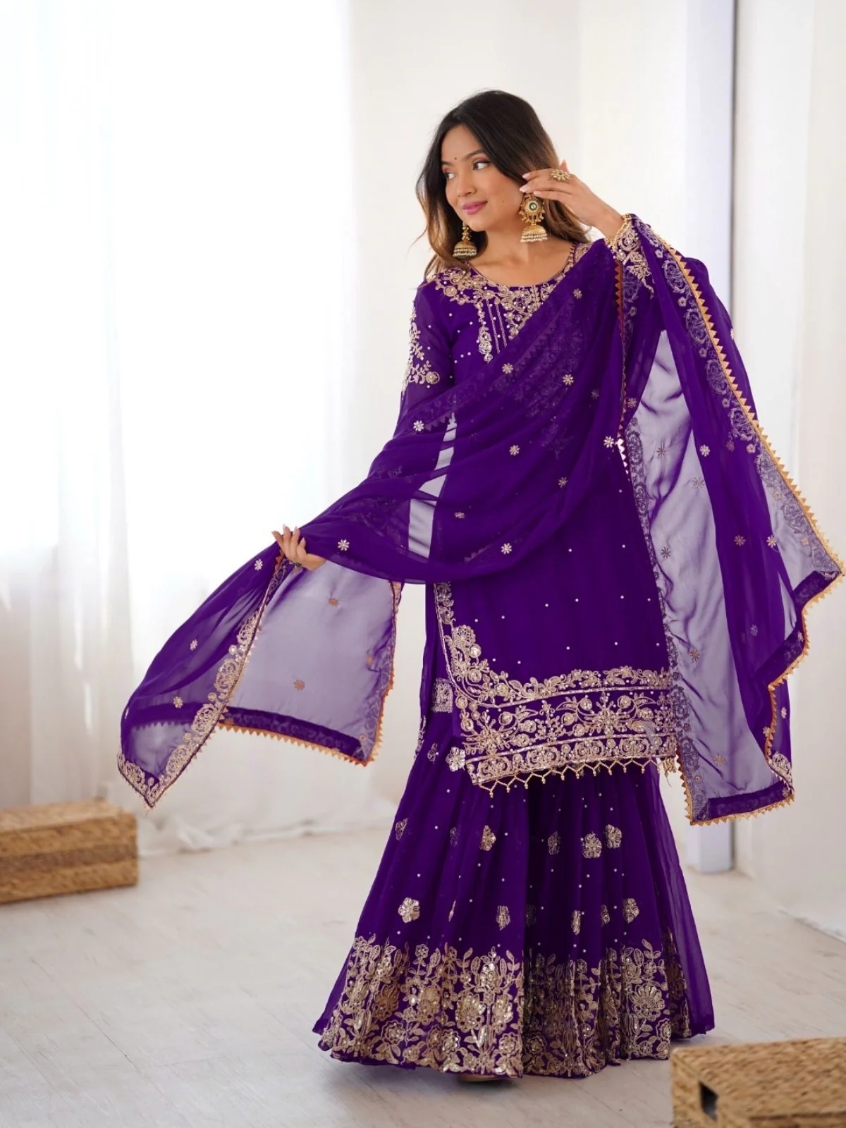 Odette Purple Georgette Embroidered Stitched Kurta Set For Women - Image 3