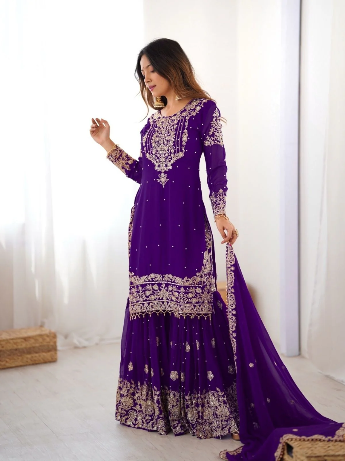 Odette Purple Georgette Embroidered Stitched Kurta Set For Women - Image 4