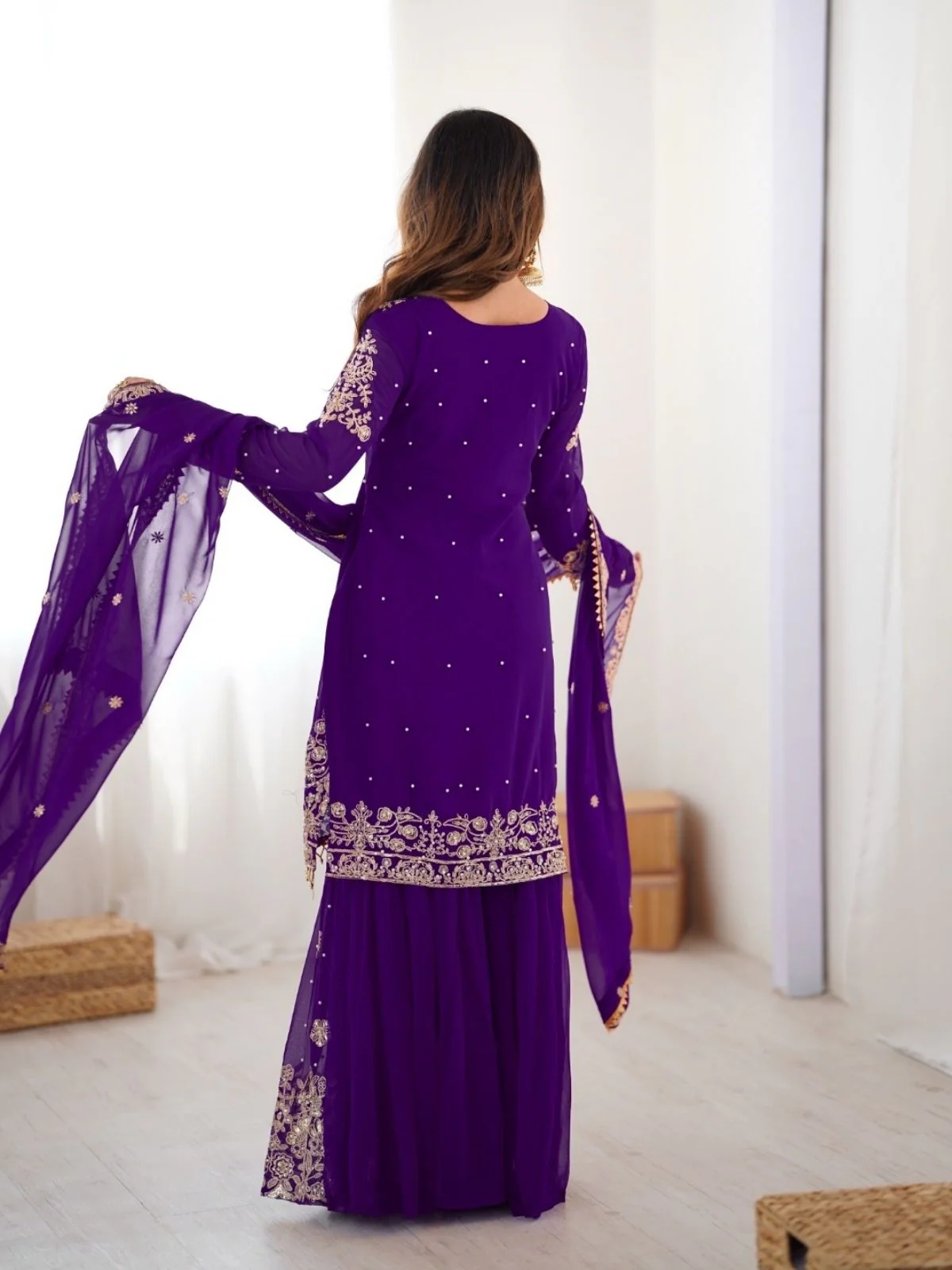Odette Purple Georgette Embroidered Stitched Kurta Set For Women - Image 5