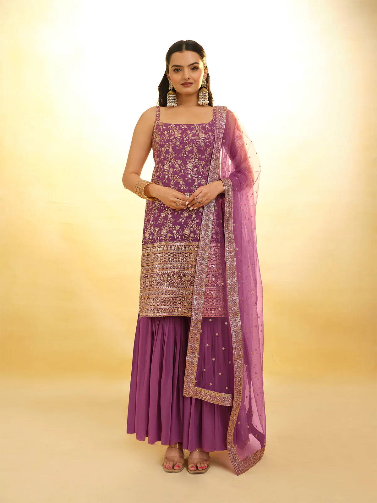 Odette Purple Georgette Embroidery Stitched Salwar Suit Set For Women - Image 2