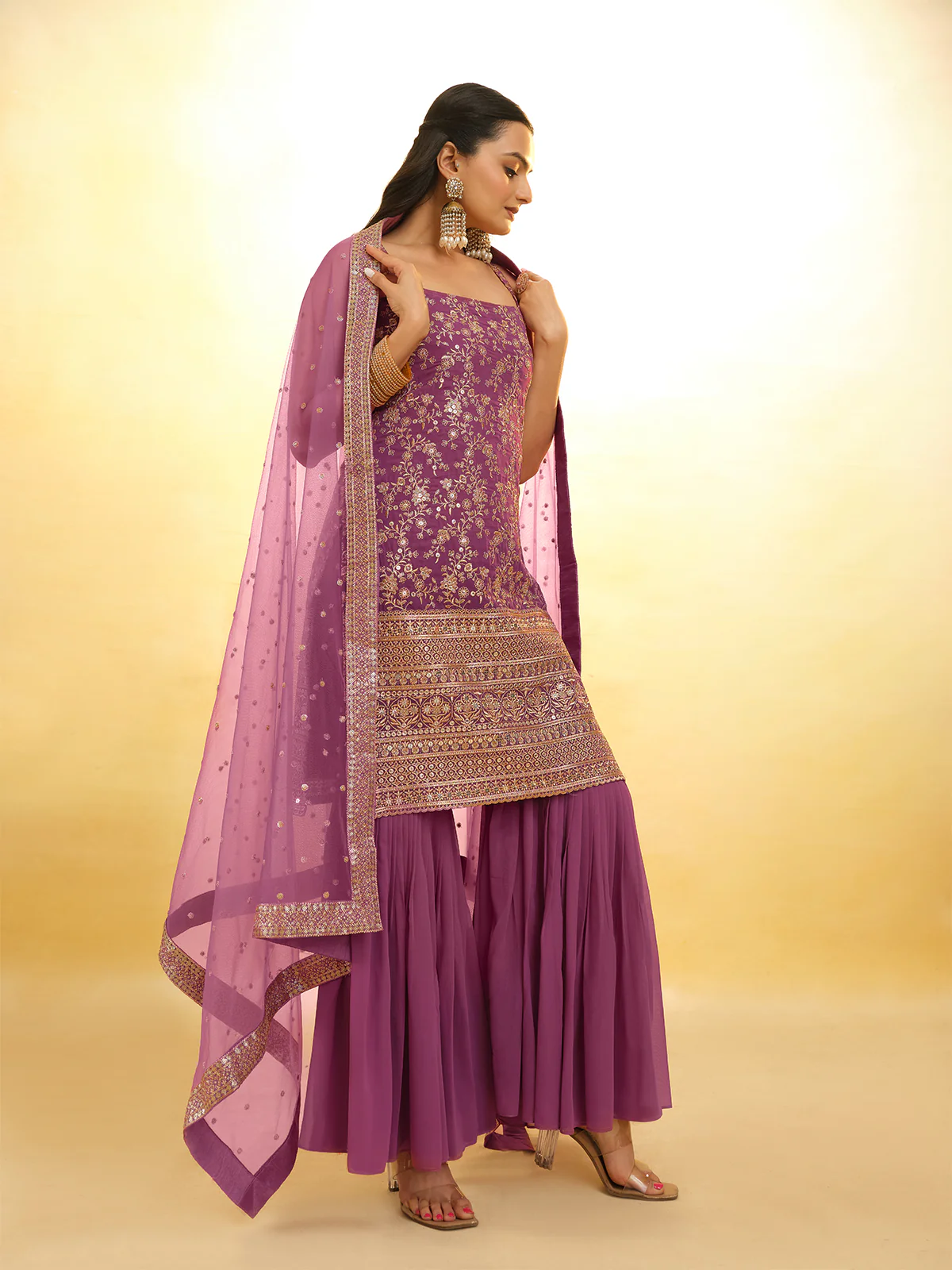 Odette Purple Georgette Embroidery Stitched Salwar Suit Set For Women - Image 3