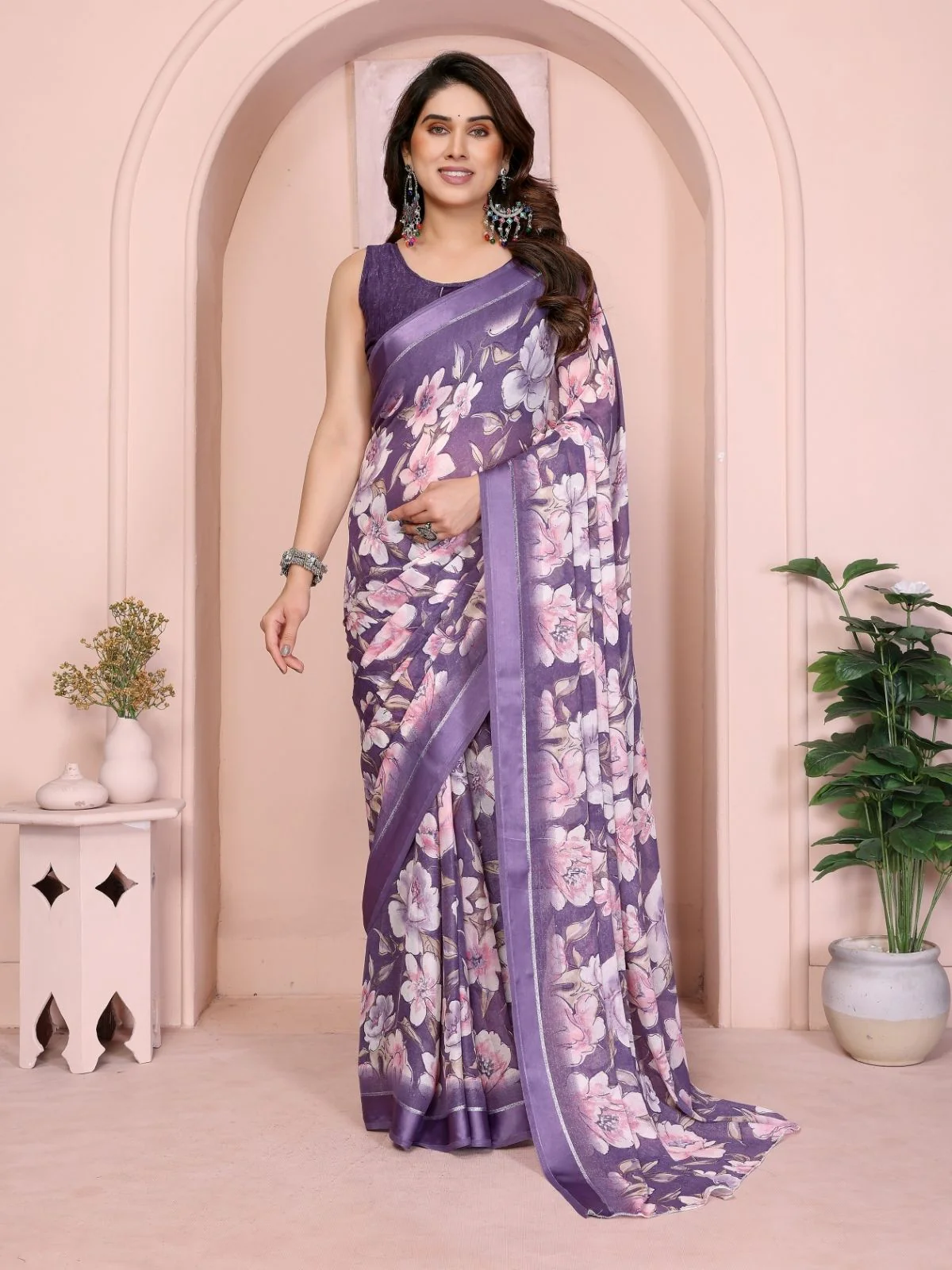 Odette Purple Georgette Floral Print Saree For Women