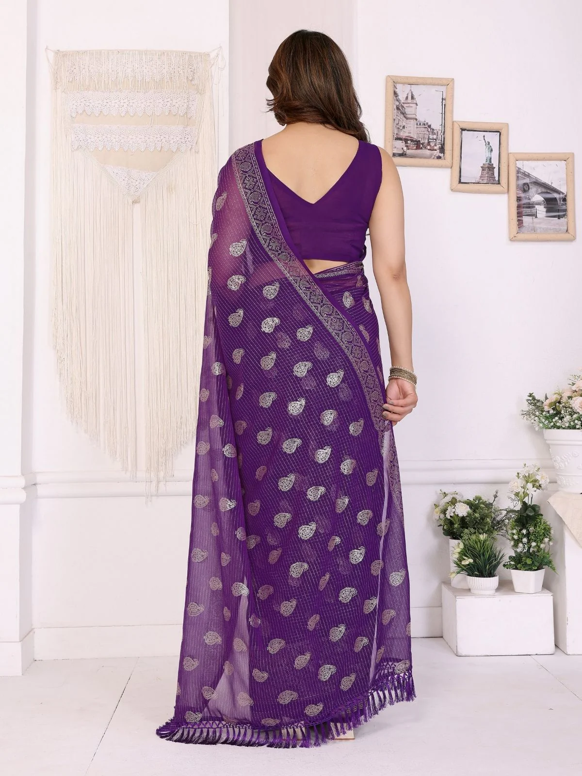 Odette Purple Georgette Printed Saree For Women - Image 3