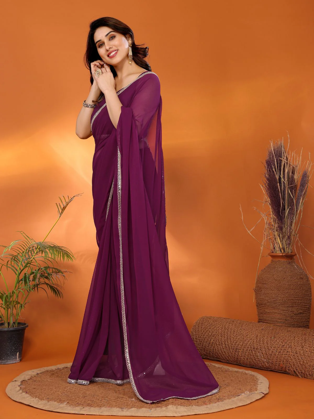 Odette Purple Georgette Printed Saree For Women - Image 2