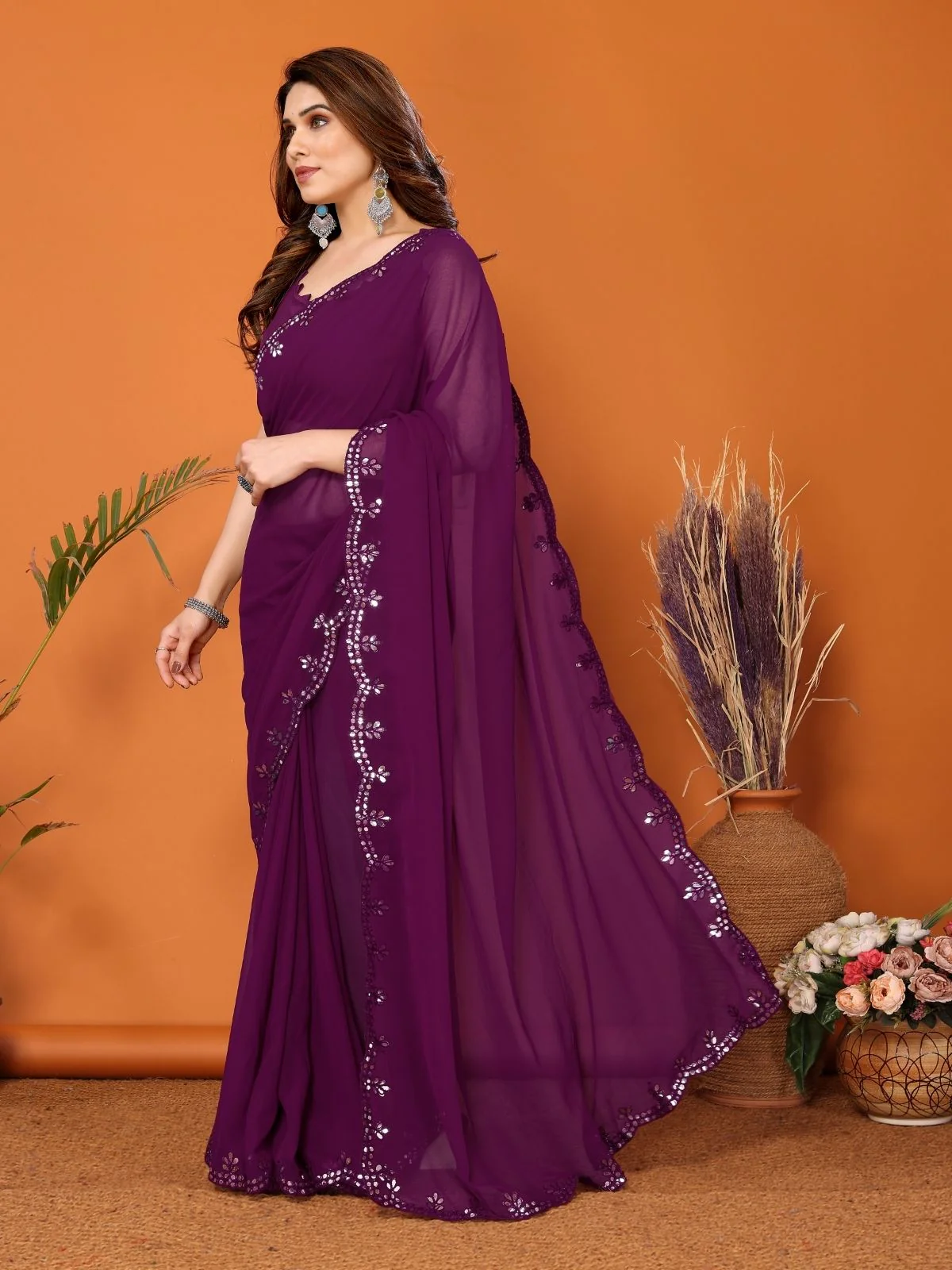 Odette Purple Georgette Embroidered  Saree For Women - Image 2