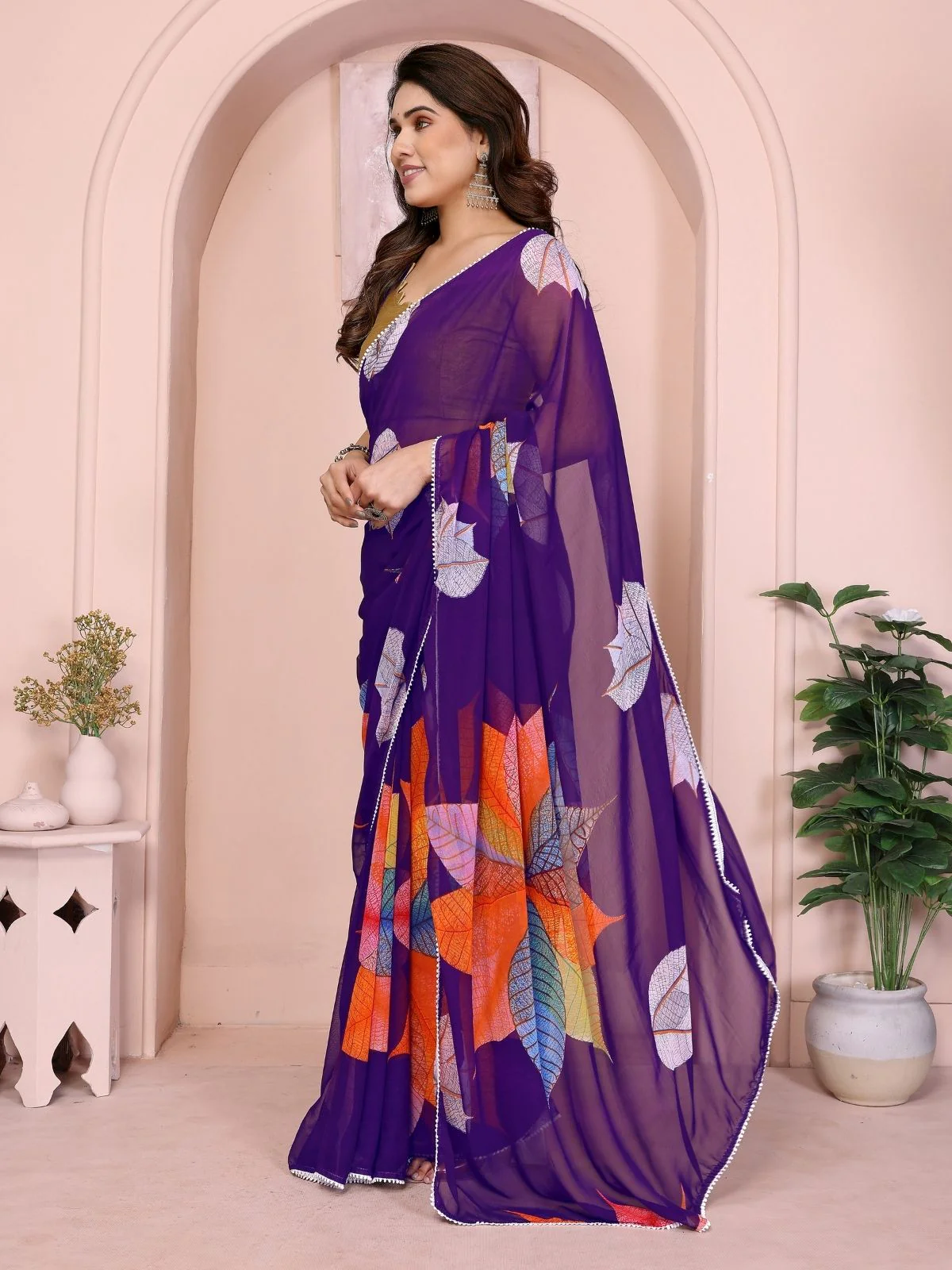 Odette Purple Georgette Printed Saree For Women - Image 2