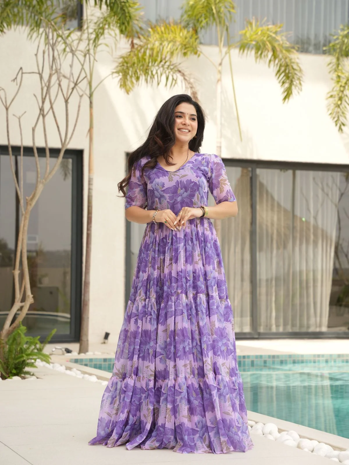 Odette Purple Georgette Printed Stitched Gown For Women