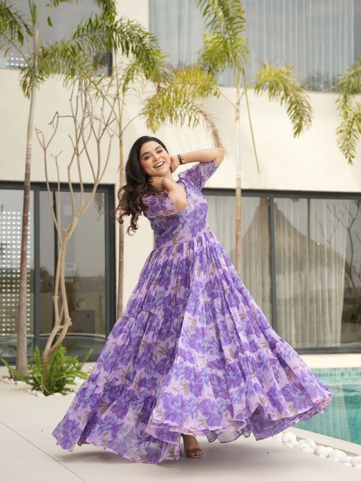 Odette Purple Georgette Printed Stitched Gown For Women - Image 2