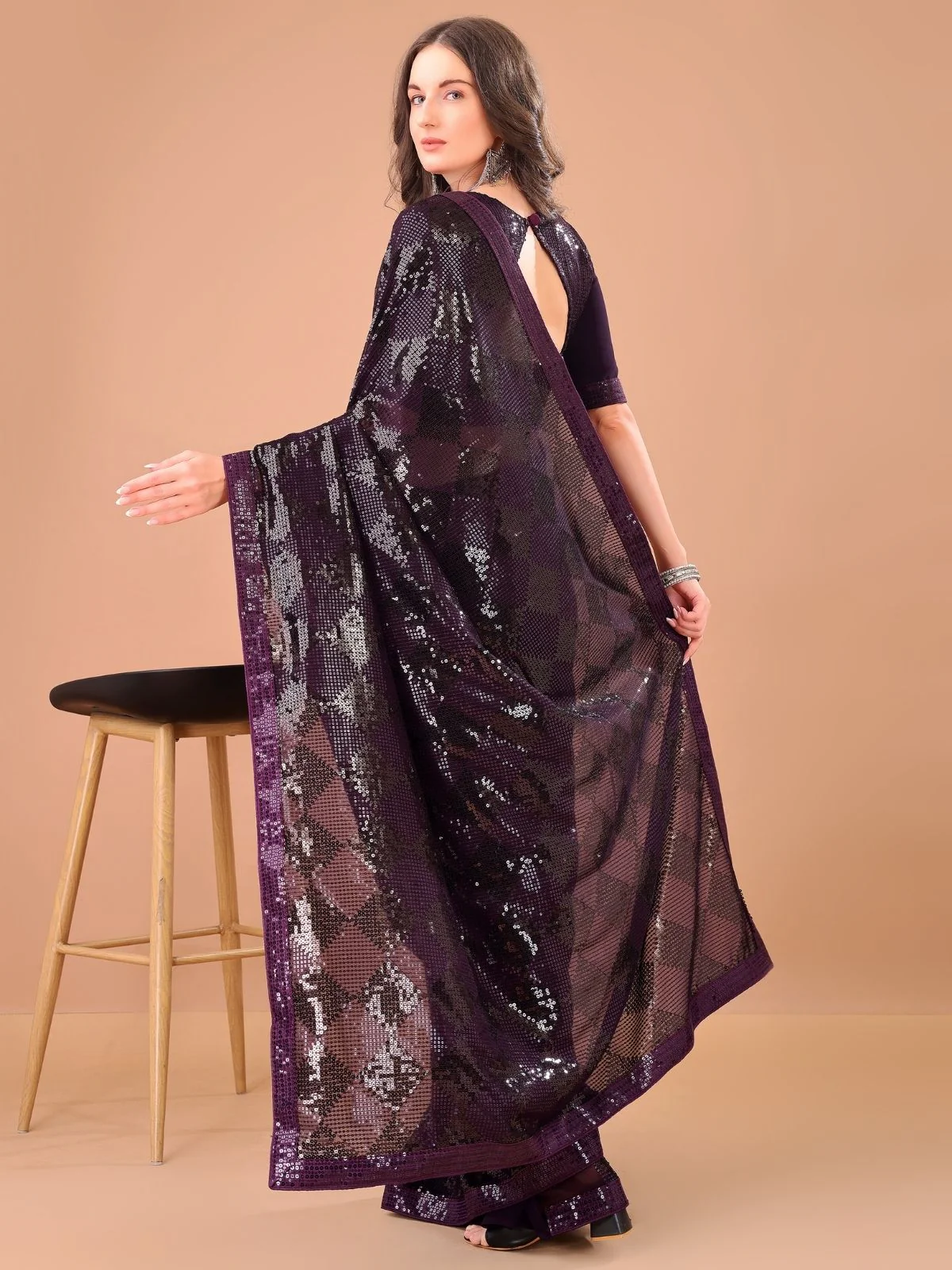 Odette Purple Georgette Sequin Elegant Saree For Women - Image 3