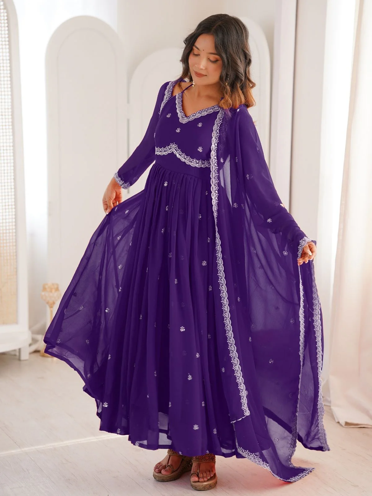 Odette Purple Georgette Sequins Embroidered Stitched Kurta Set For Women - Image 3