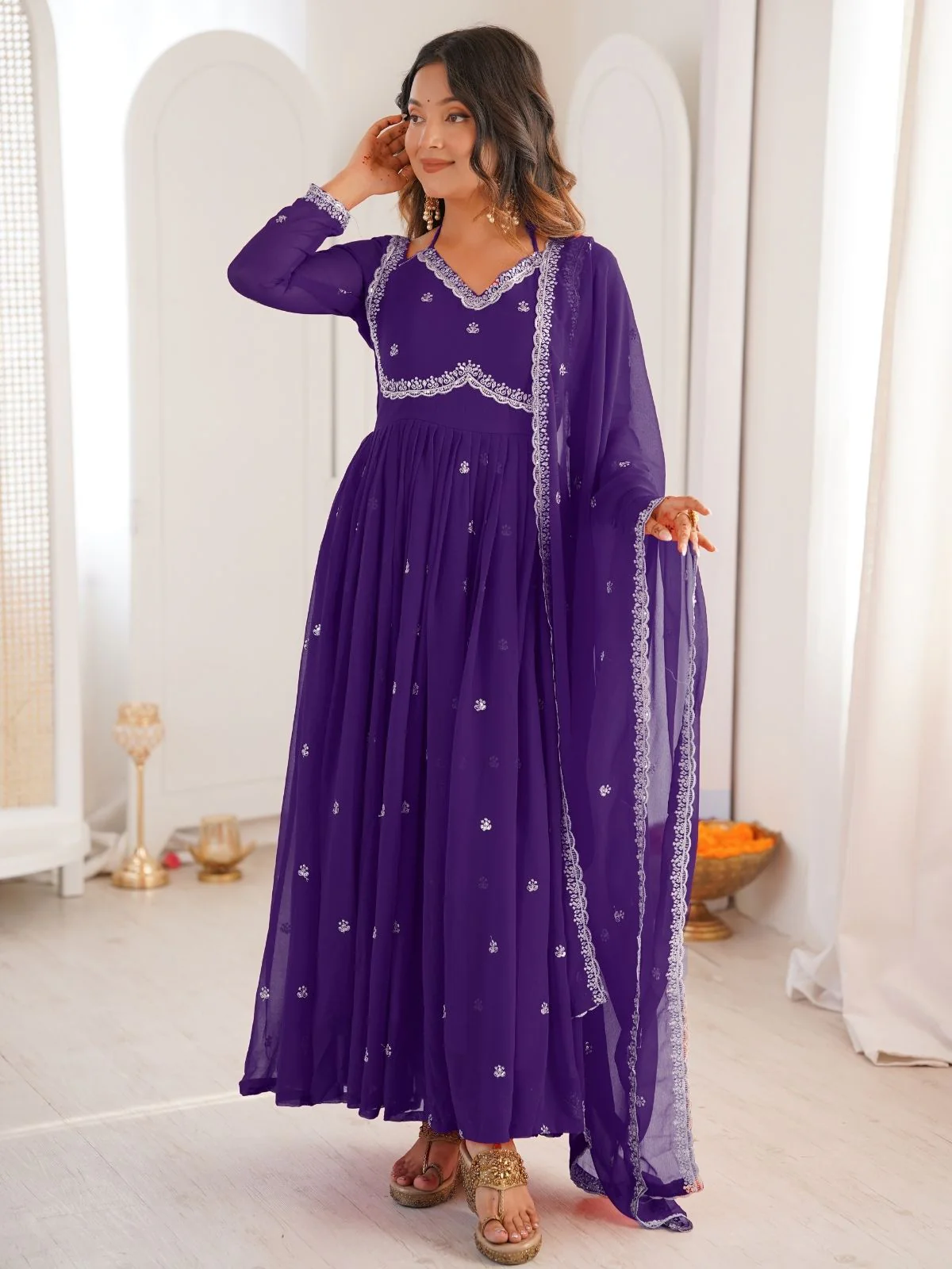 Odette Purple Georgette Sequins Embroidered Stitched Kurta Set For Women - Image 4