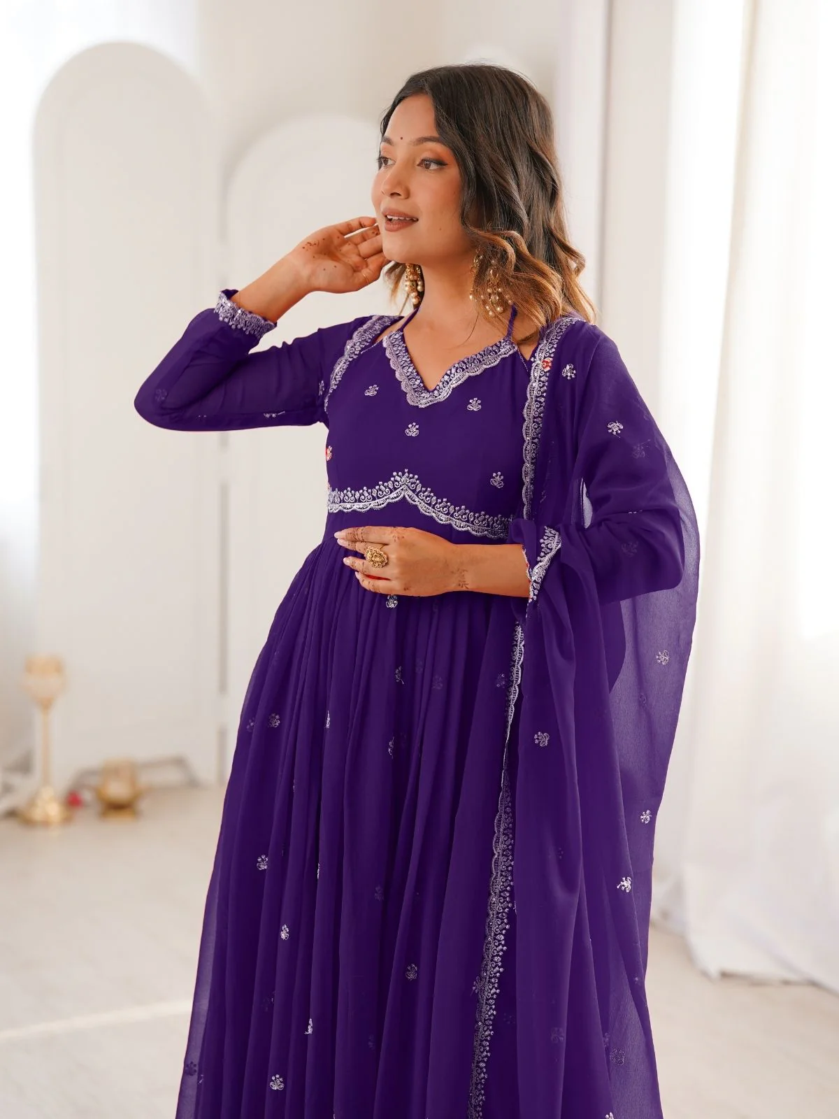 Odette Purple Georgette Sequins Embroidered Stitched Kurta Set For Women - Image 7