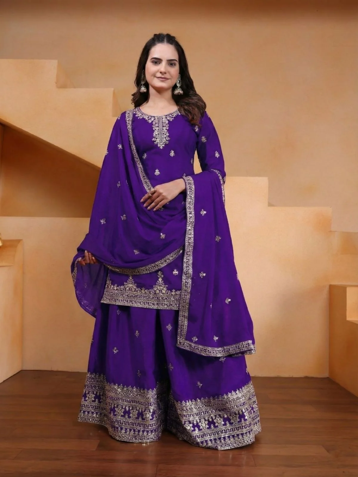 Odette Purple Georgette Solid Stitched Kurta Set For Women