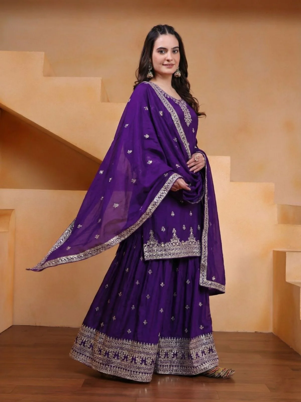 Odette Purple Georgette Solid Stitched Kurta Set For Women - Image 2