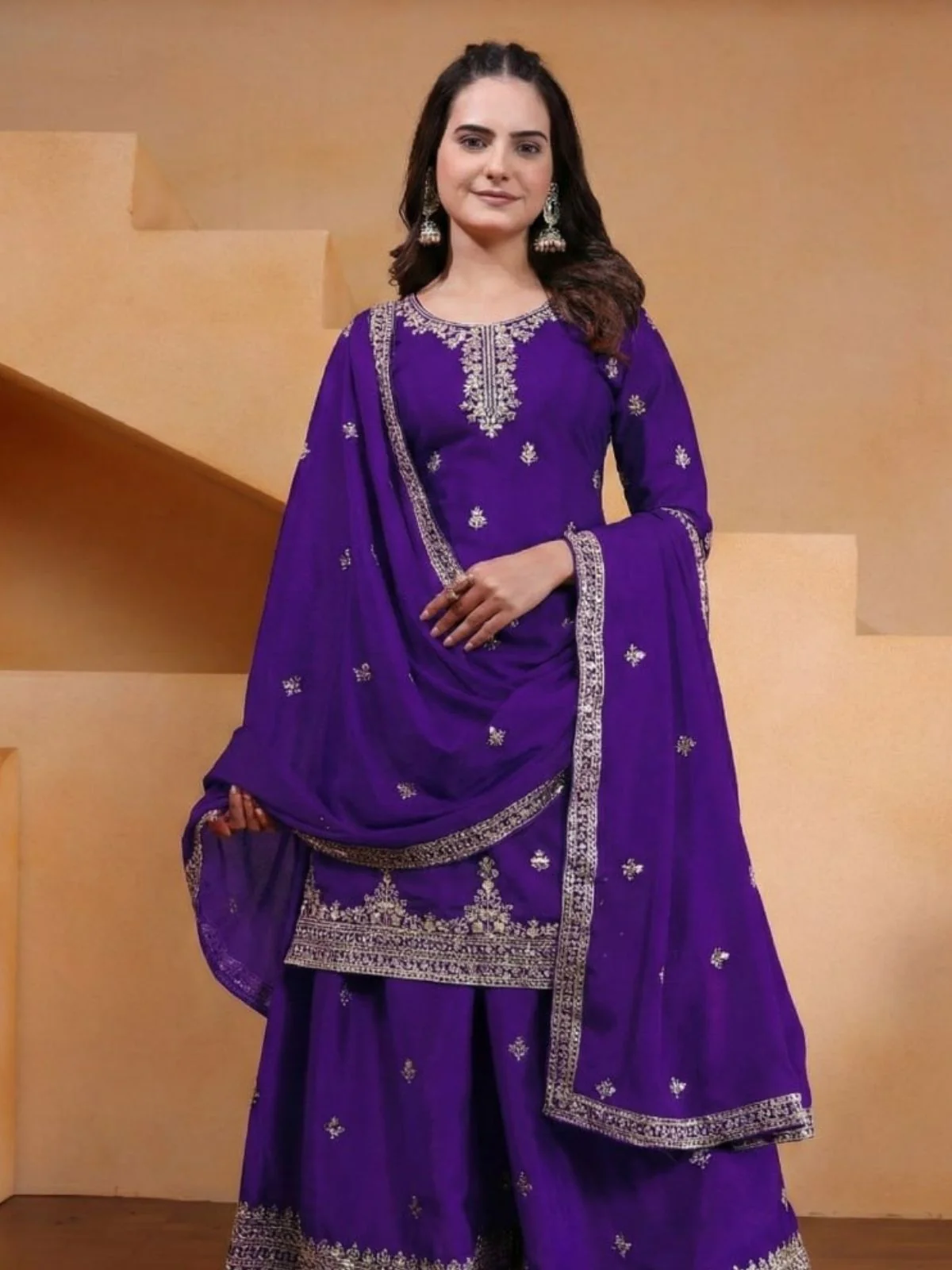 Odette Purple Georgette Solid Stitched Kurta Set For Women - Image 4
