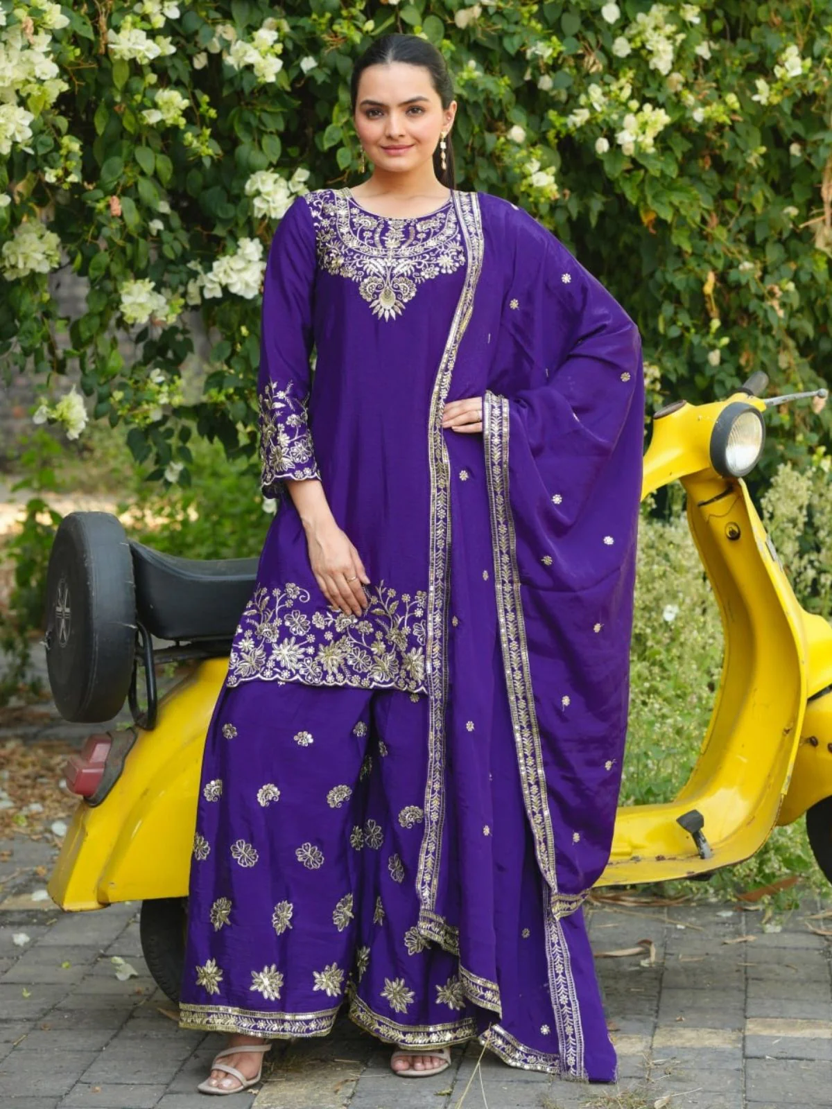 Odette Purple Georgette Solid Stitched Kurta Set For Women