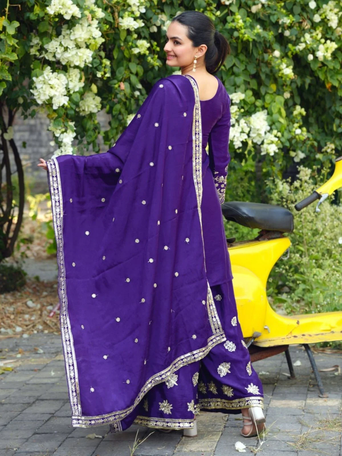 Odette Purple Georgette Solid Stitched Kurta Set For Women - Image 3