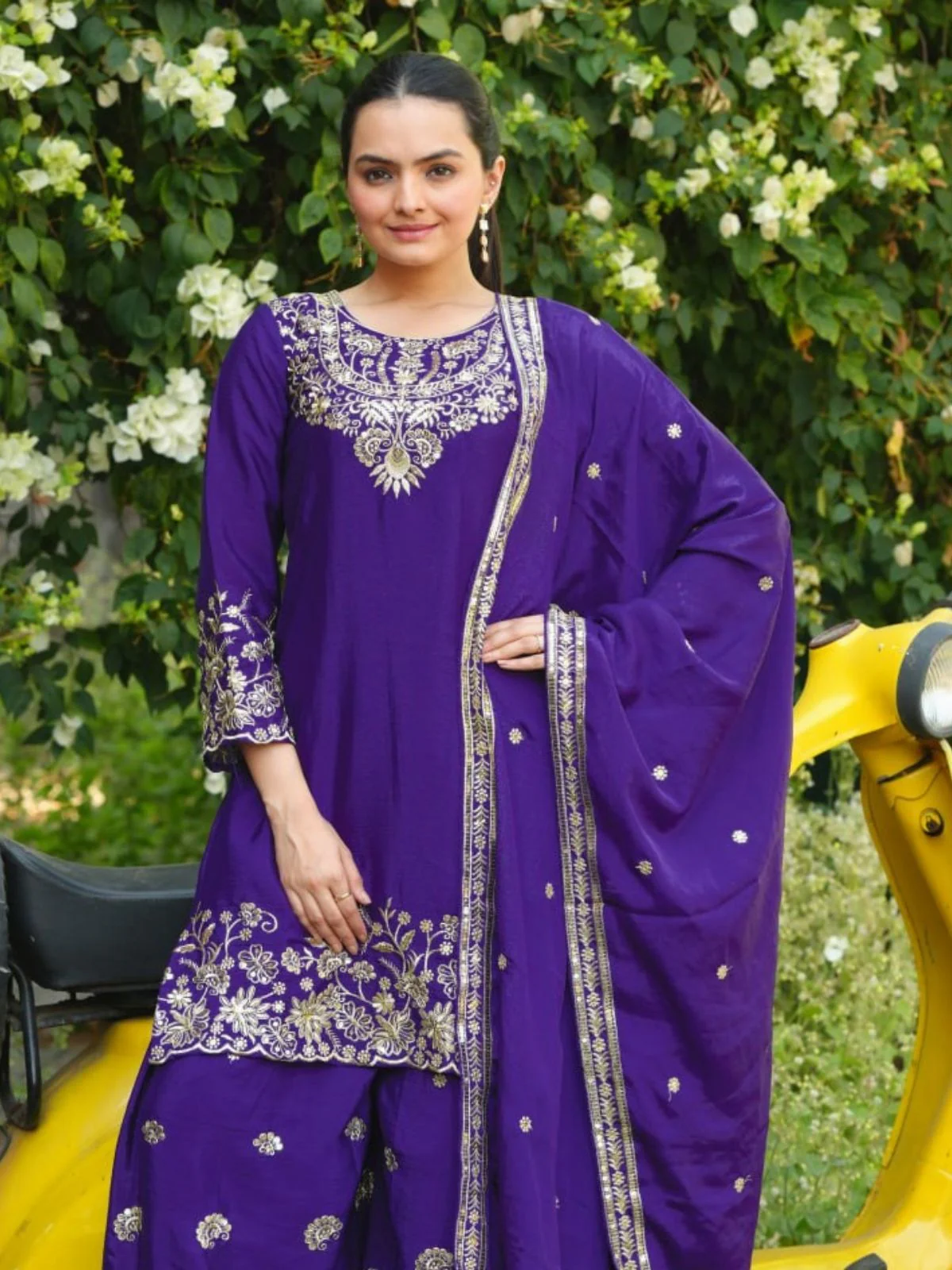 Odette Purple Georgette Solid Stitched Kurta Set For Women - Image 4