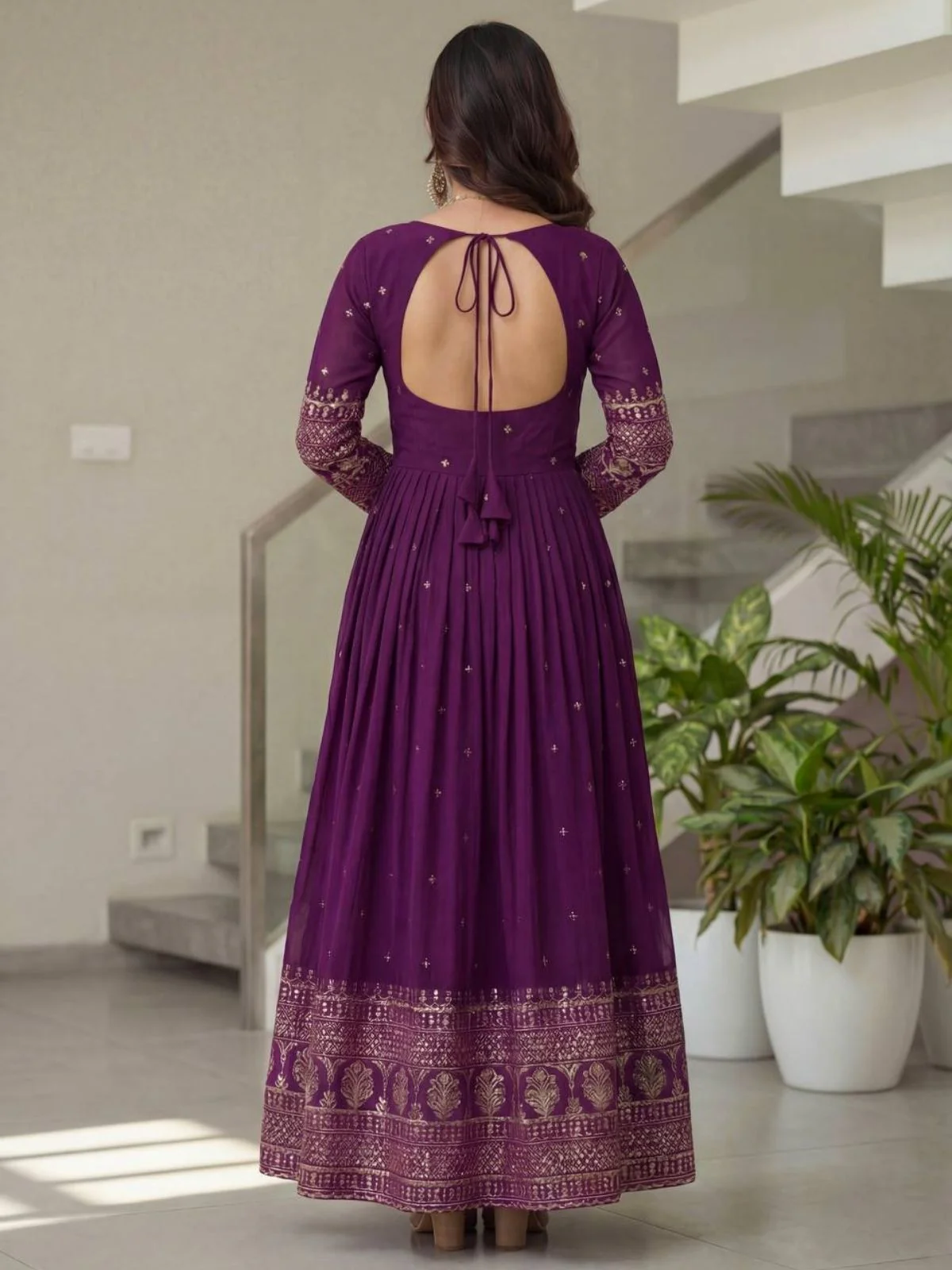 Odette Purple Georgette Solid Stitched Kurta Set For Women - Image 3