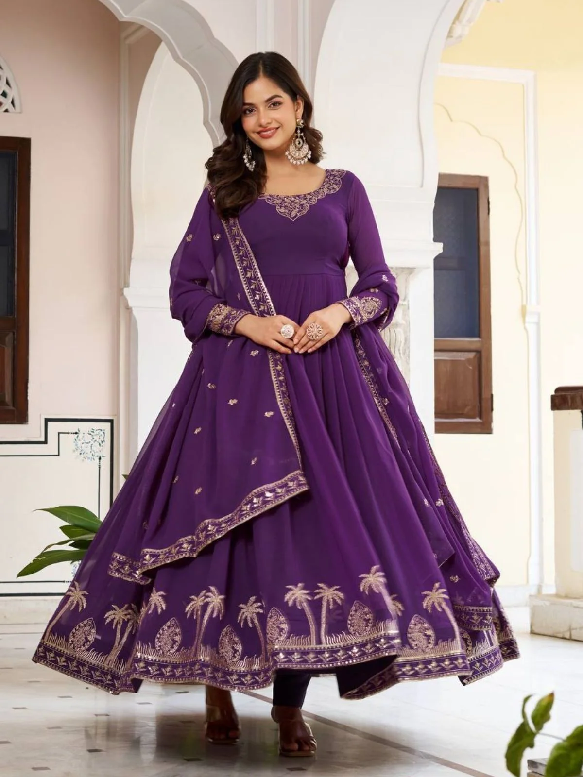 Odette Purple Georgette Solid Stitched Kurta Set For Women