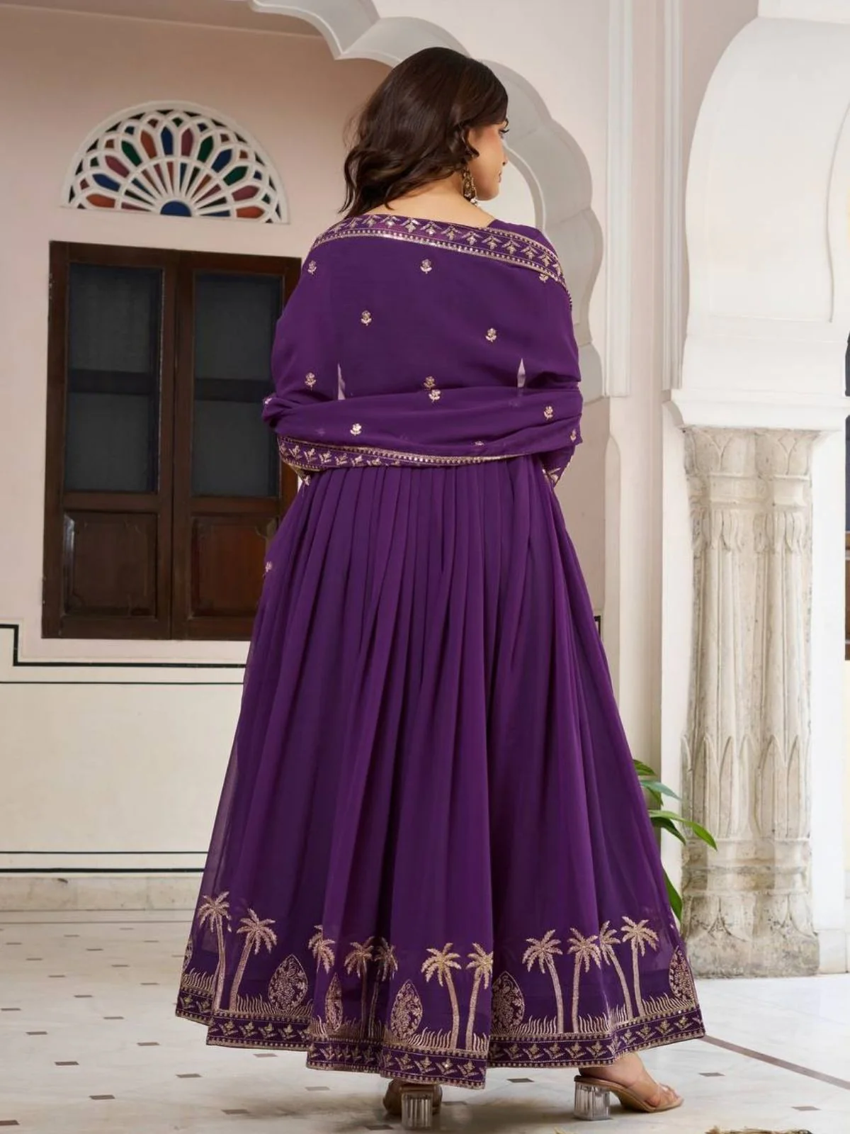 Odette Purple Georgette Solid Stitched Kurta Set For Women - Image 3
