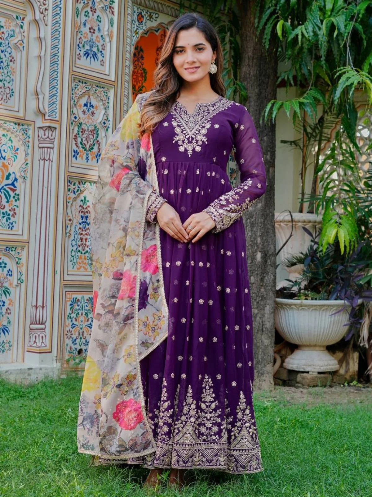 Odette Purple Georgette Solid Stitched Kurta Set For Women