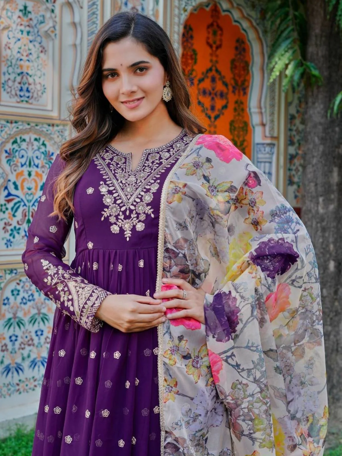 Odette Purple Georgette Solid Stitched Kurta Set For Women - Image 2