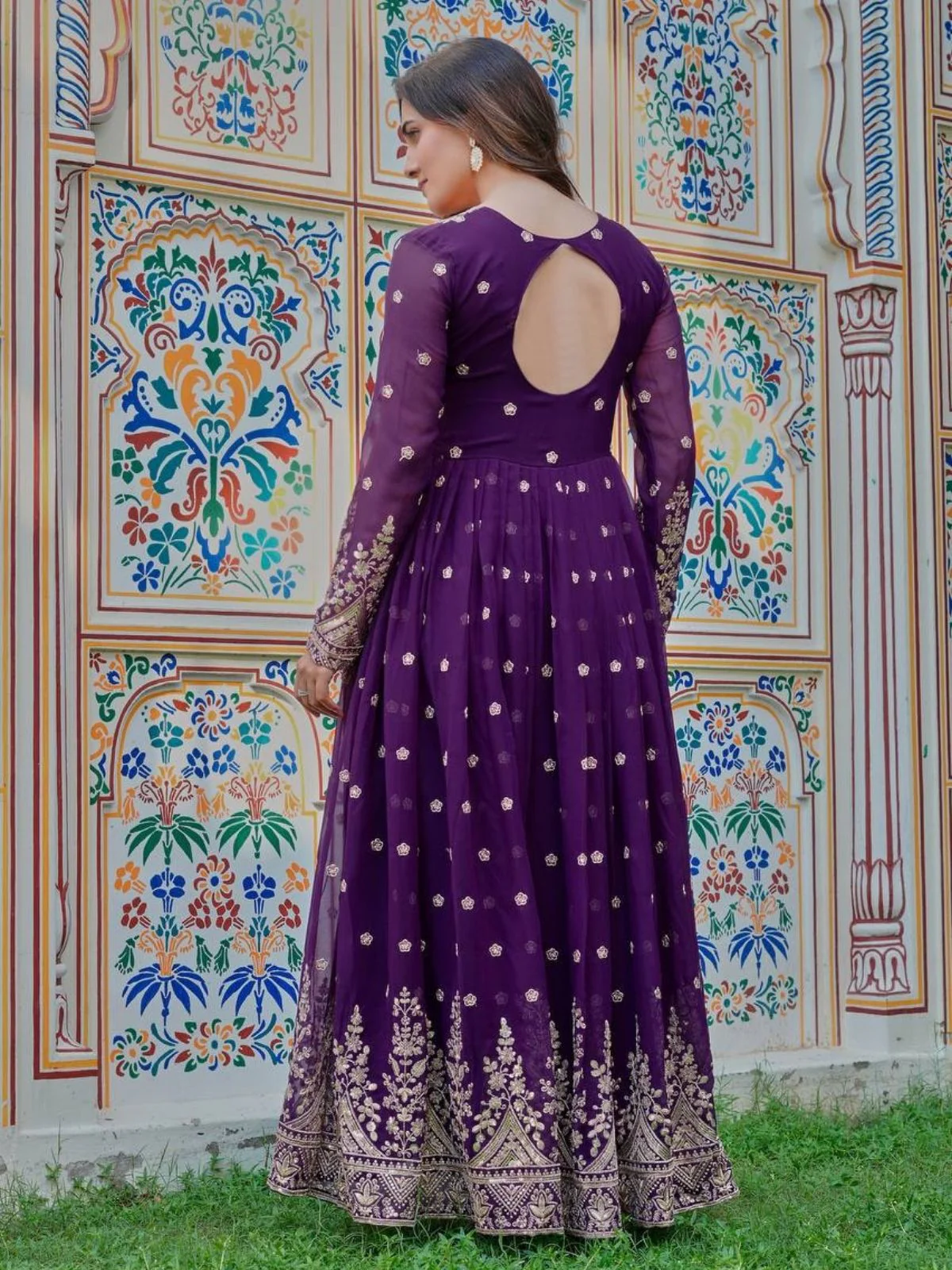 Odette Purple Georgette Solid Stitched Kurta Set For Women - Image 3