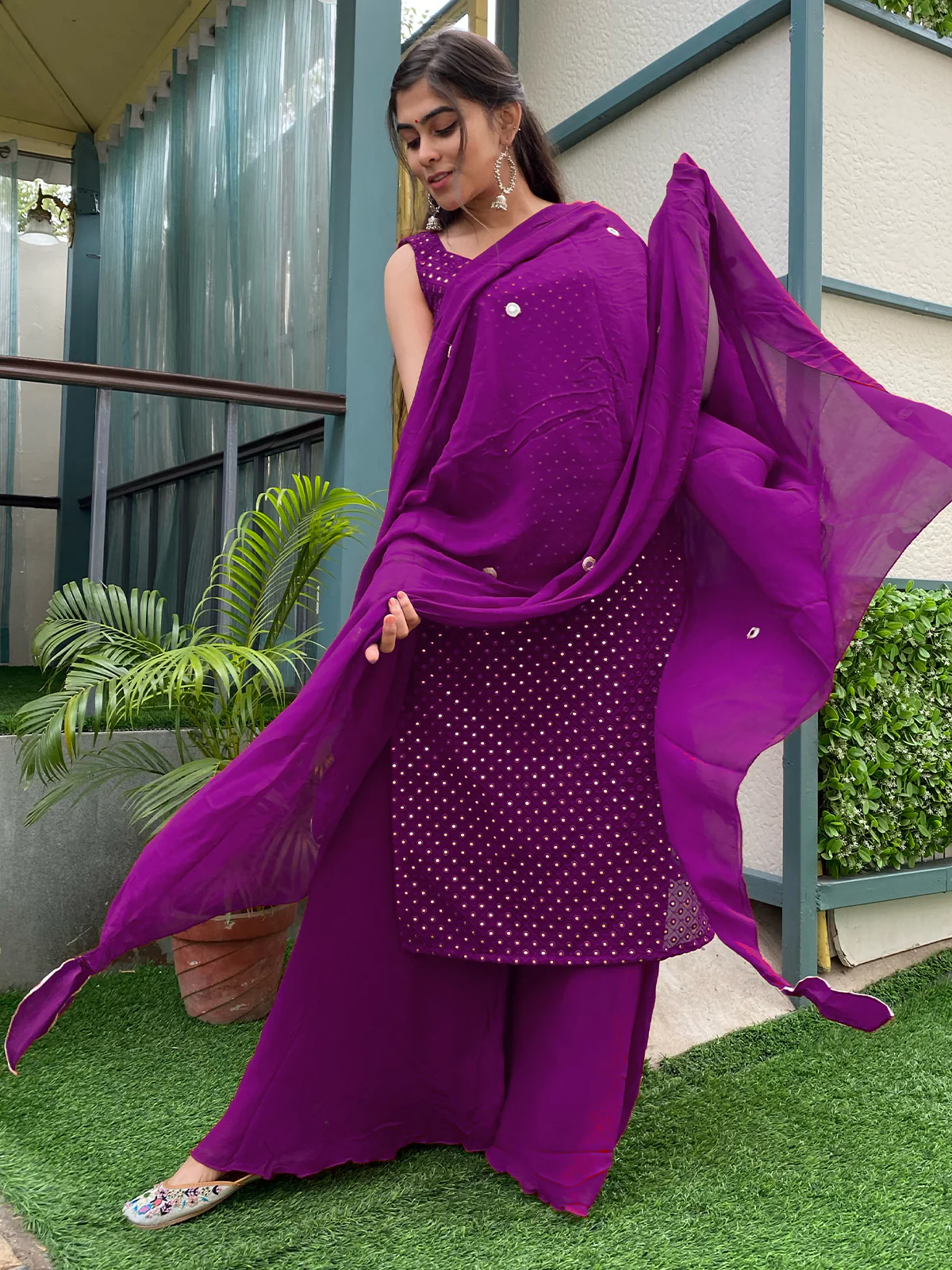 Odette Purple Georgette Stitched Kurta Set For Women - Image 5