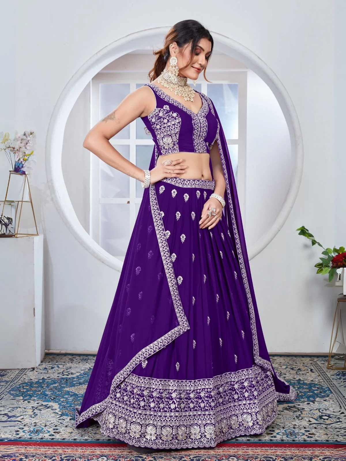Odette Purple Georgette Thread Embroidered Semi-Stitched Lehenga For Women - Image 3