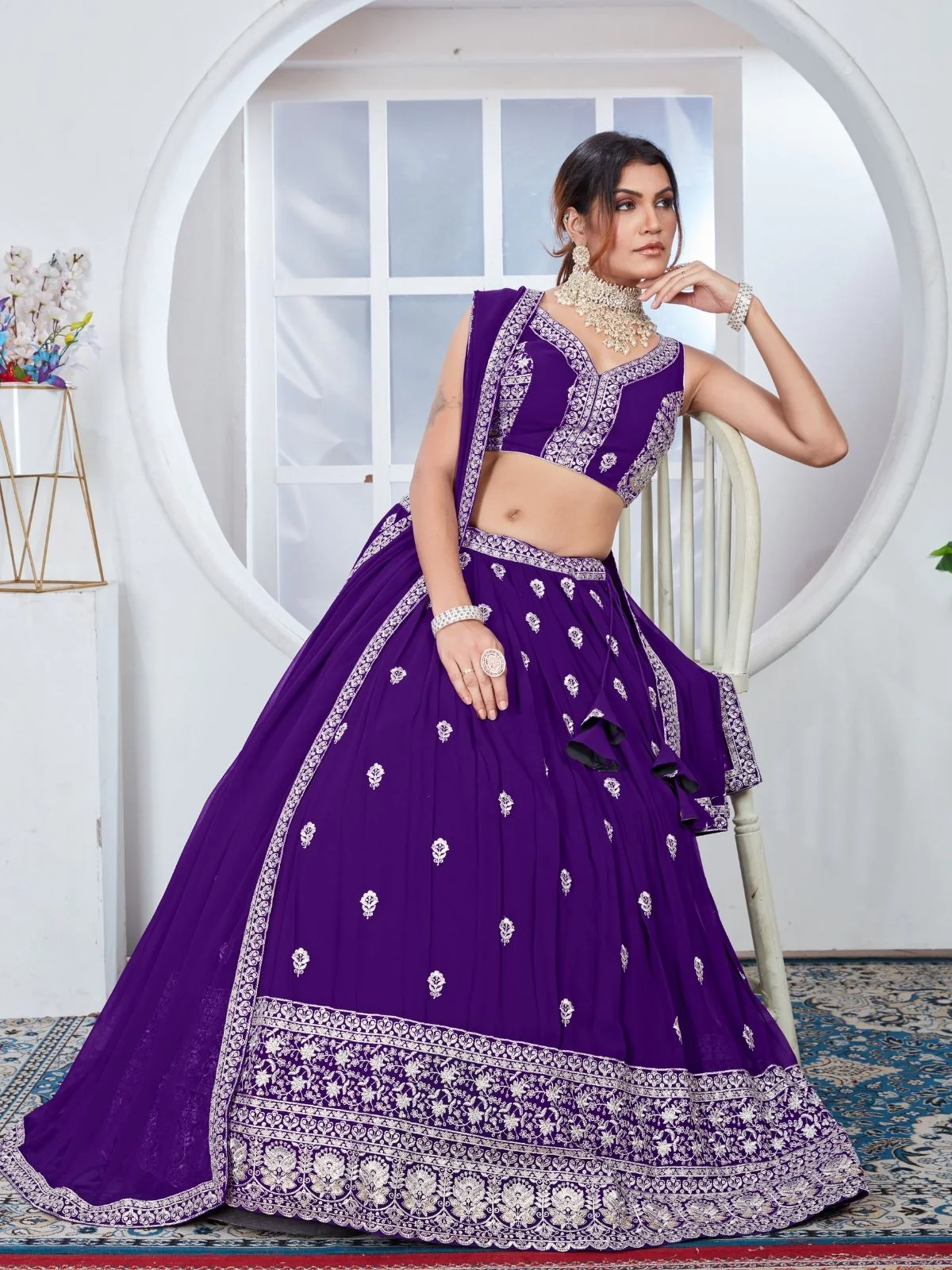 Odette Purple Georgette Thread Embroidered Semi-Stitched Lehenga For Women - Image 6