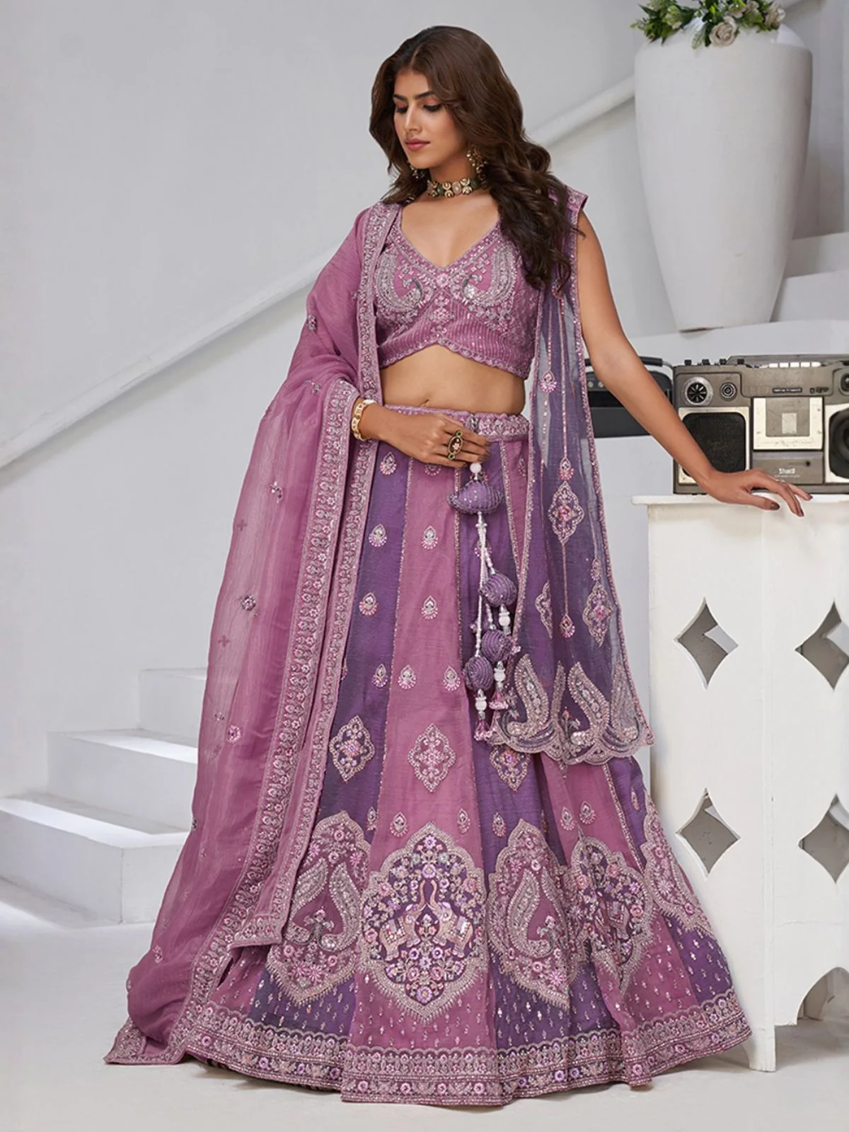 Odette Purple Georgette Tissue Embroidered Semi-Stitched Lehenga For Women - Image 4