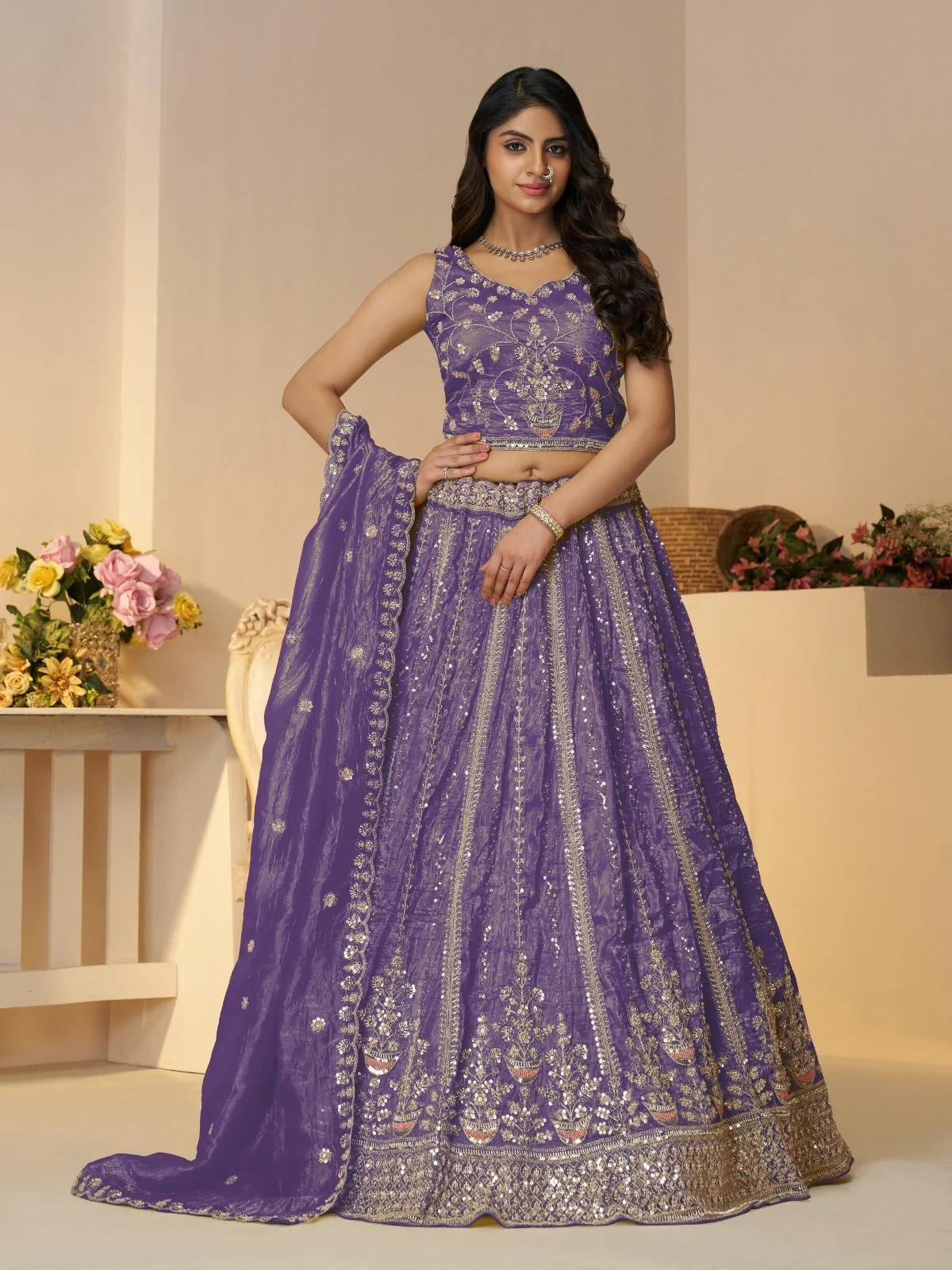 Odette Purple Jimmy Choo Embroidered Semi-Stitched Lehenga For Women