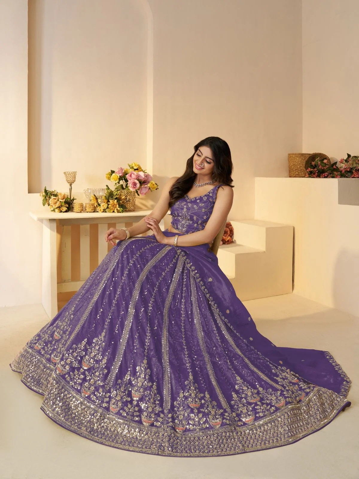 Odette Purple Jimmy Choo Embroidered Semi-Stitched Lehenga For Women - Image 2