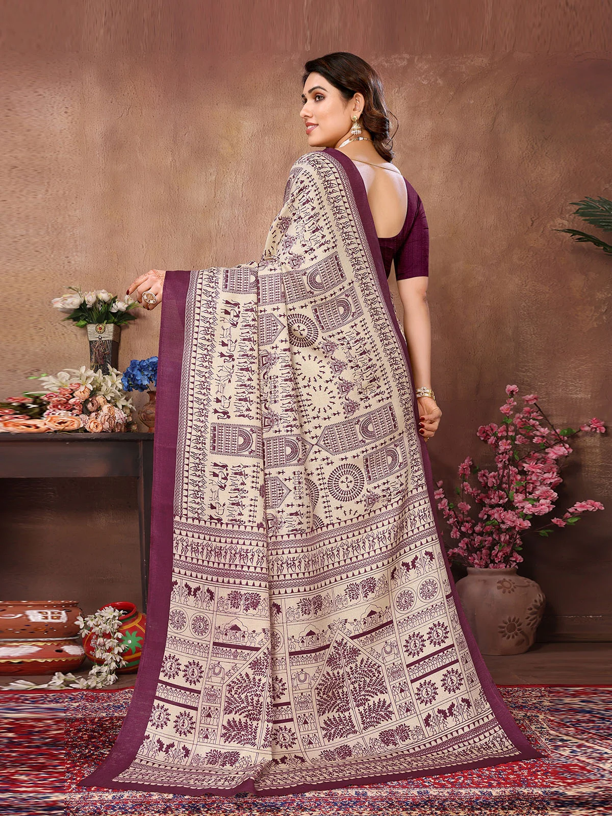 Odette Cream and Purple Cotton Printed Saree With Unstitched Blouse For Women - Image 3