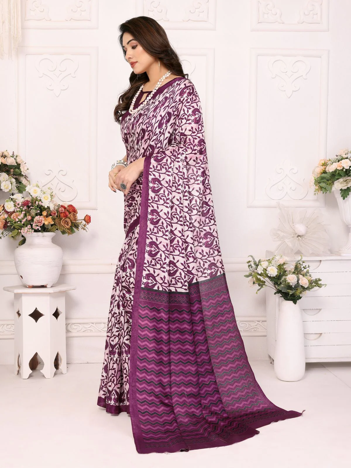 Odette Purple Khadi Printed Saree With Unstitched Blouse For Women - Image 2