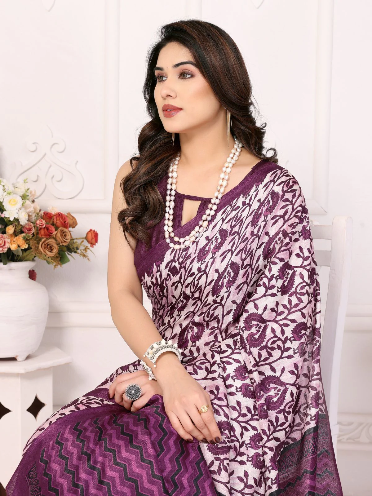 Odette Purple Khadi Printed Saree With Unstitched Blouse For Women - Image 3