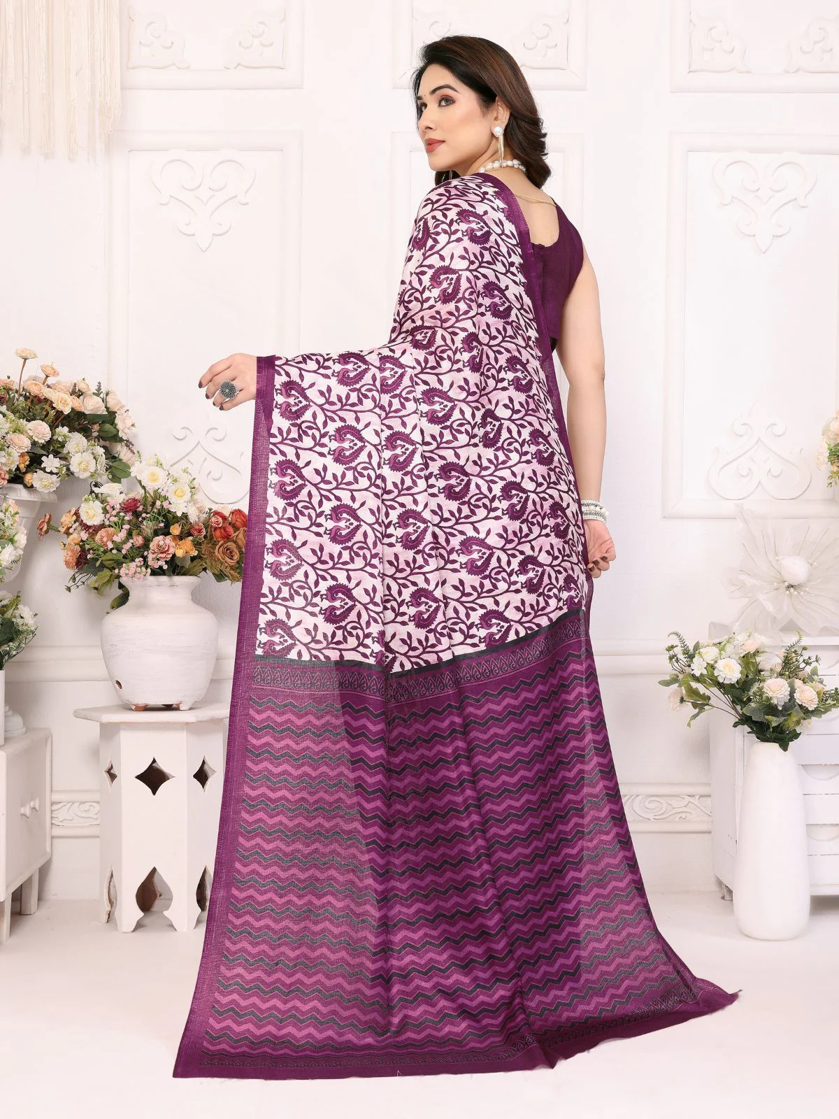Odette Purple Khadi Printed Saree With Unstitched Blouse For Women - Image 4