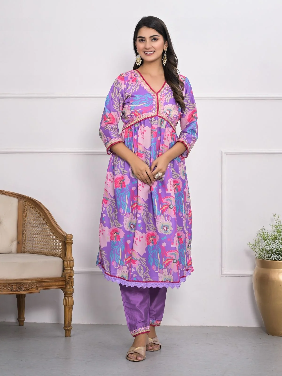 Odette Purple Muslin Silk Printed Stitched Kurta Set For Women - Image 3