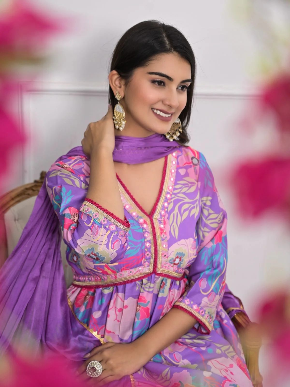 Odette Purple Muslin Silk Printed Stitched Kurta Set For Women - Image 5