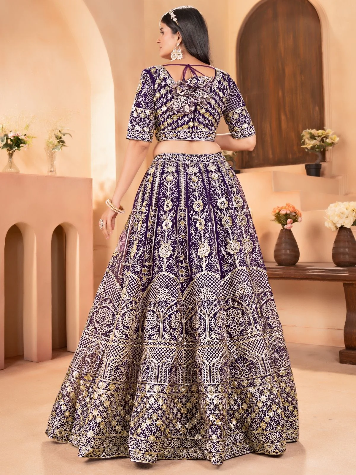 Odette Purple Net Embellished Semi Stitched Lehenga For Women - Image 3