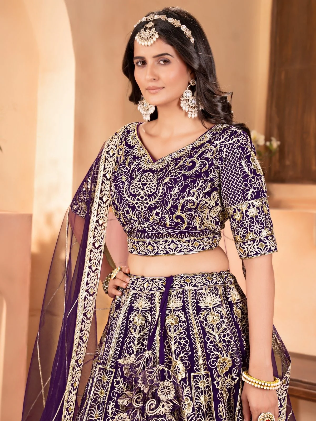 Odette Purple Net Embellished Semi Stitched Lehenga For Women - Image 4