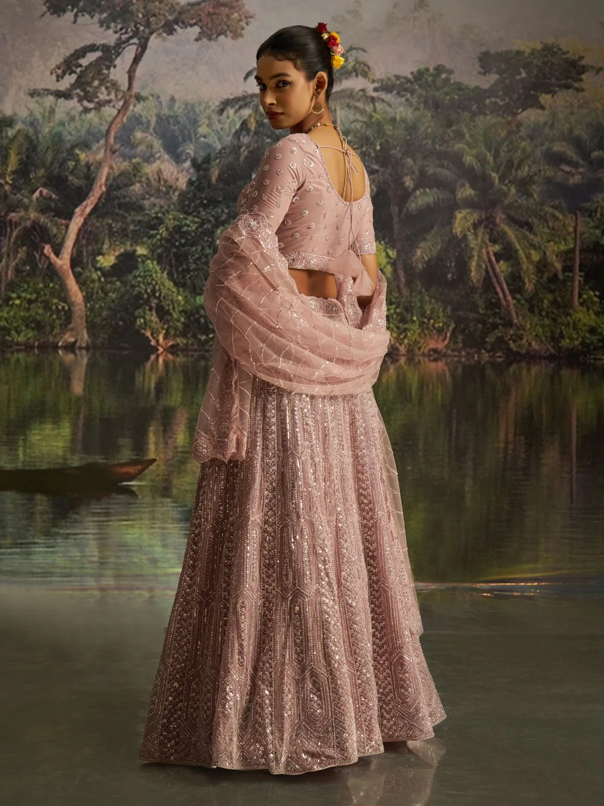 Odette Light Pink Net Embellished Semi-Stitched Lehenga For Women - Image 2