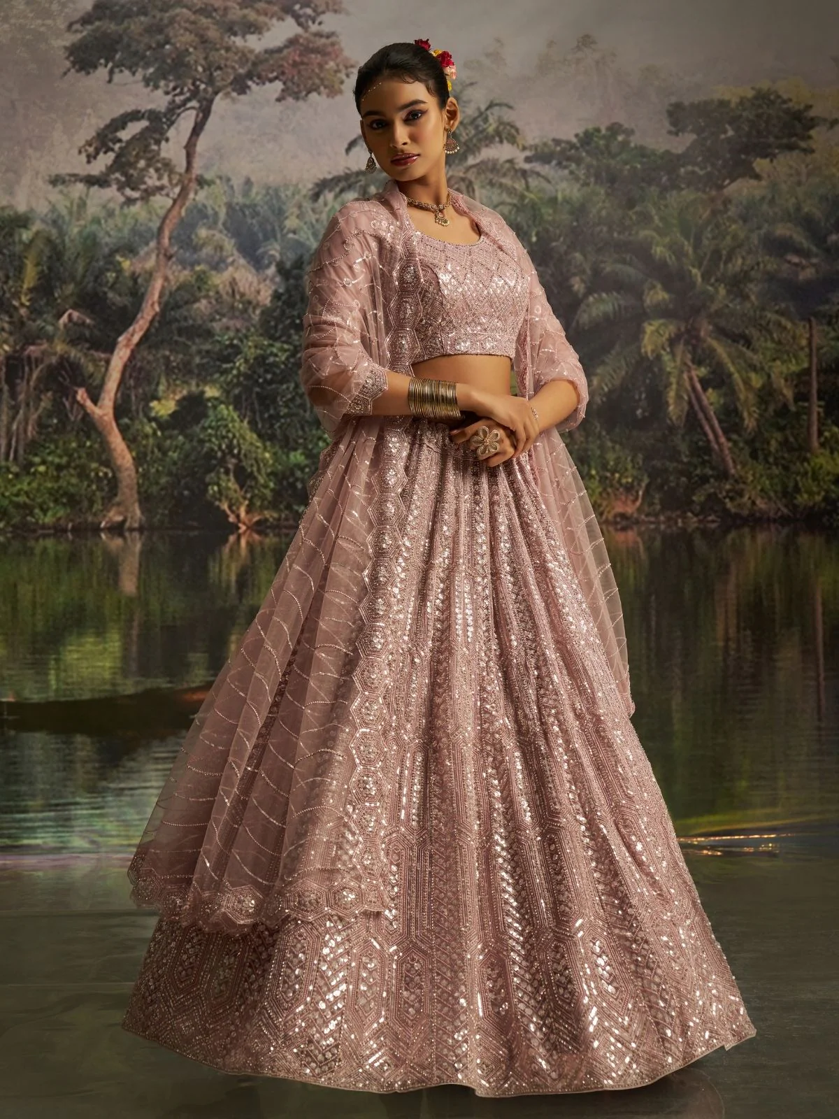 Odette Light Pink Net Embellished Semi-Stitched Lehenga For Women - Image 3