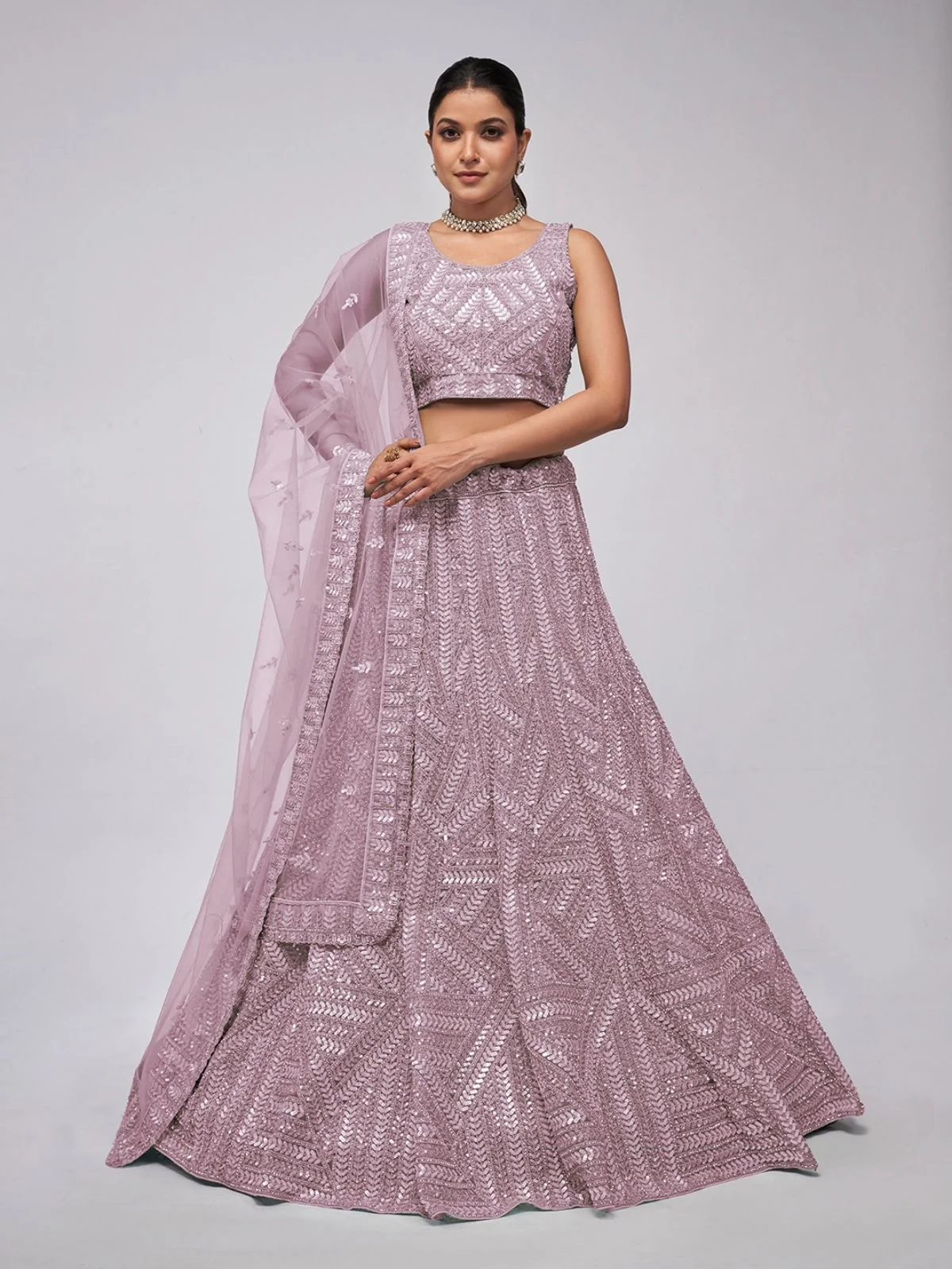Odette Purple Net Embellished Semi Stitched Lehenga With Unstitched Blouse For Women