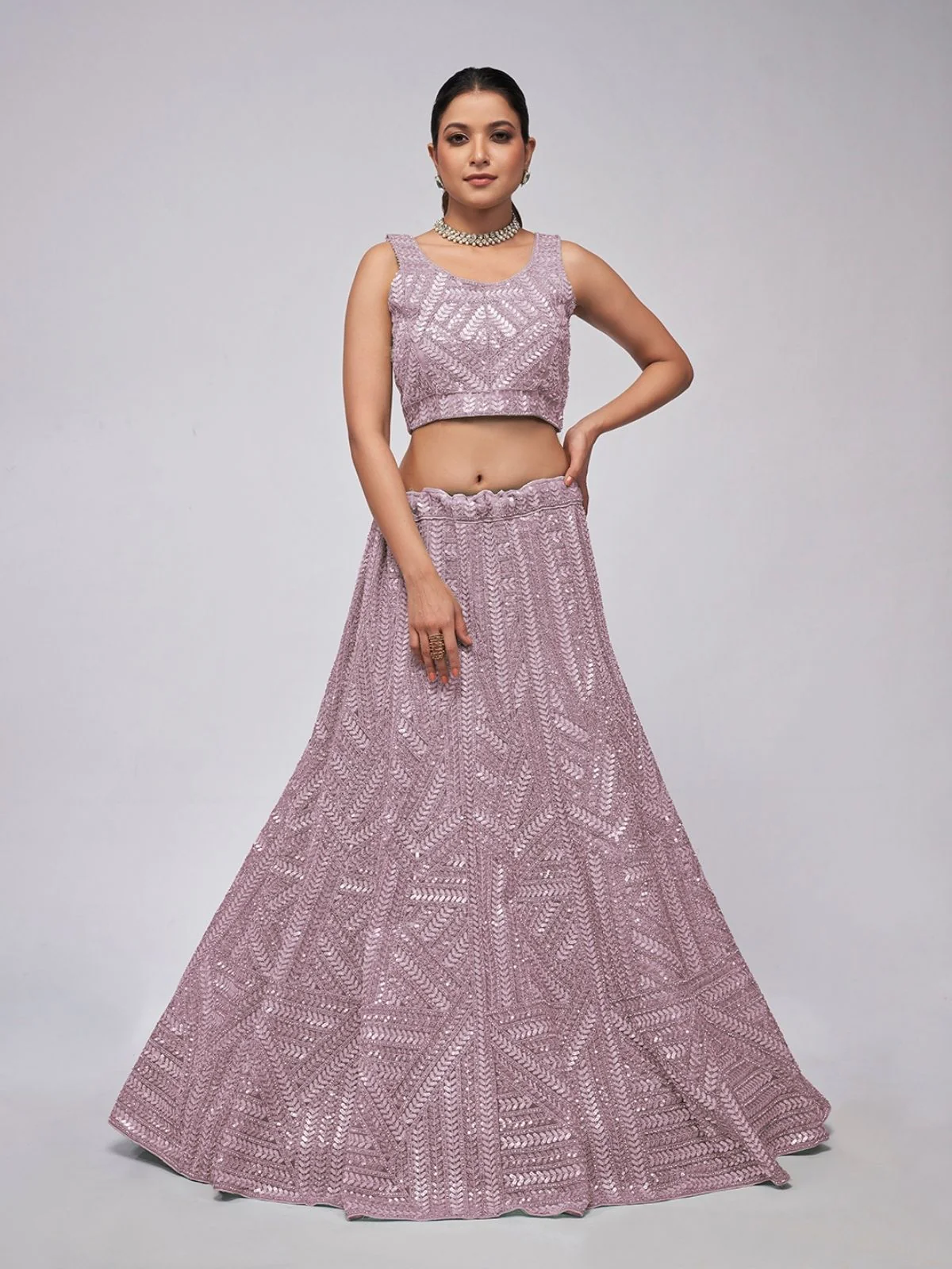 Odette Purple Net Embellished Semi Stitched Lehenga With Unstitched Blouse For Women - Image 2