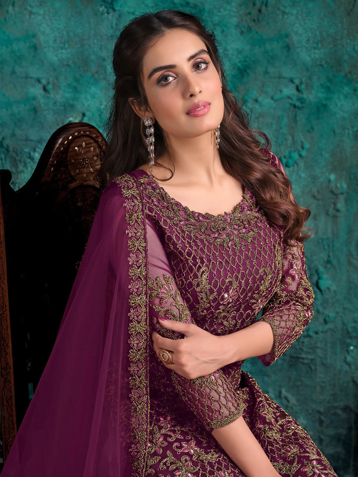 Odette Purple Net Embroidered Semi Stitched Kurta Set For Women - Image 2