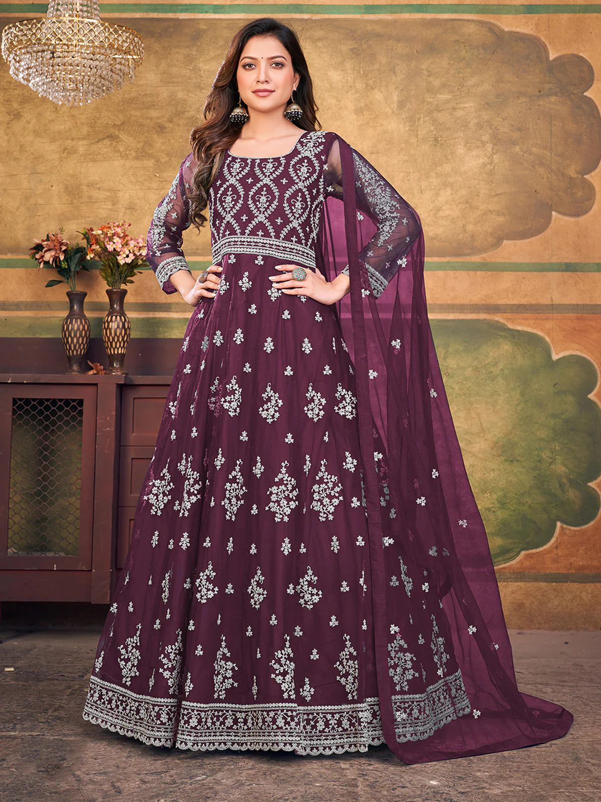Odette Purple Net Embroidered Semi stitched Kurta Set with Inner For Women