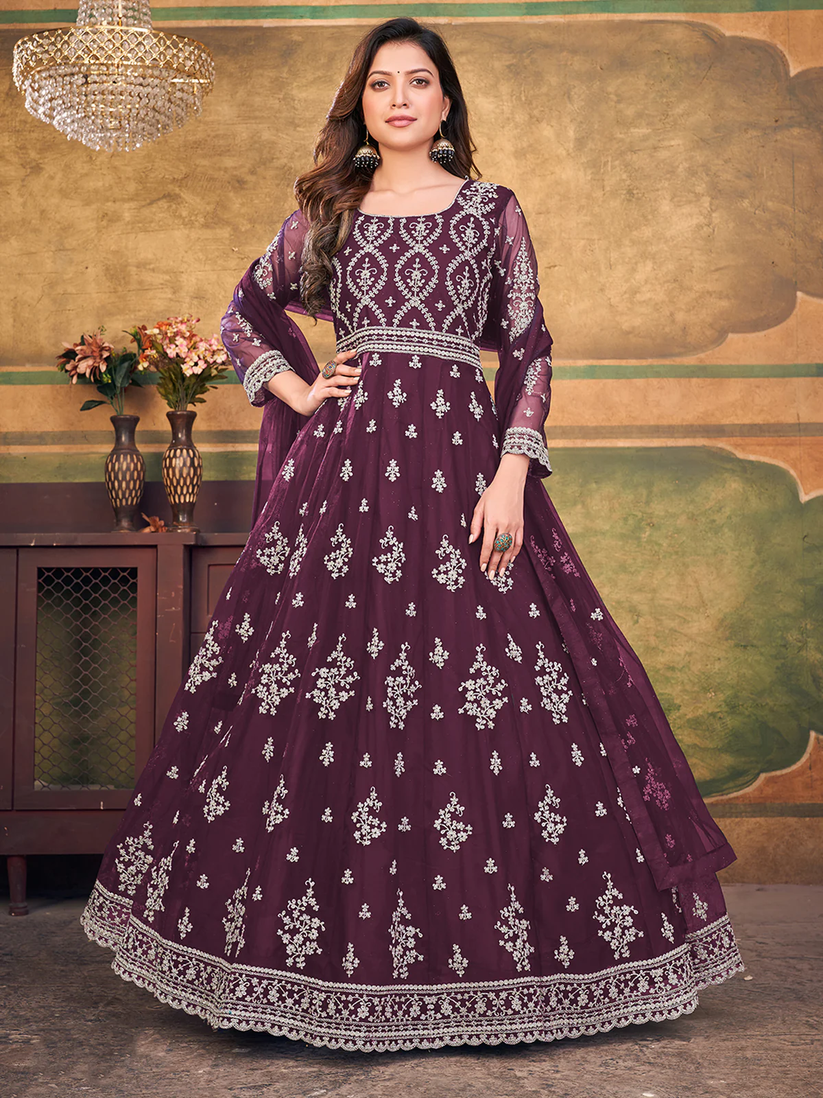 Odette Purple Net Embroidered Semi stitched Kurta Set with Inner For Women - Image 2